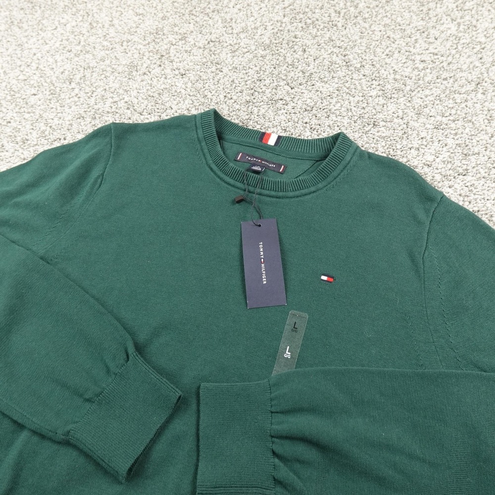NEW Tommy Hilfiger Sweater Mens L Green Knit Crewneck Pullover Sweatshirt Flag